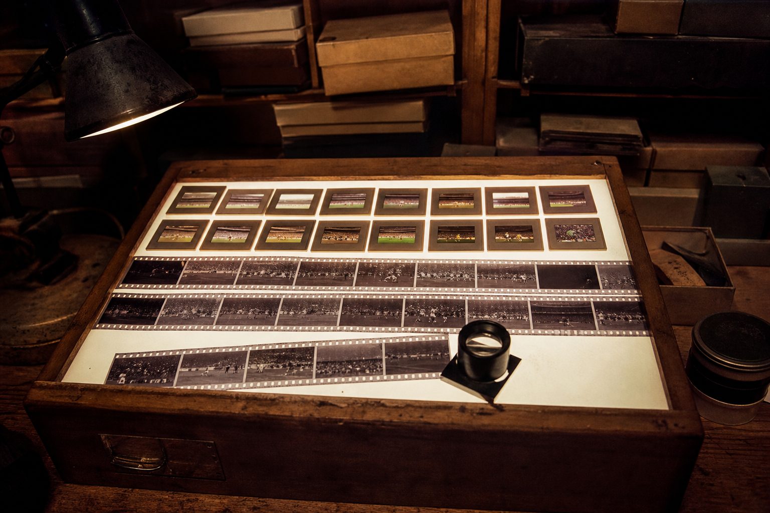 Light box covered in old football slides and negatives with a magnifying loupe (picture made with AI)