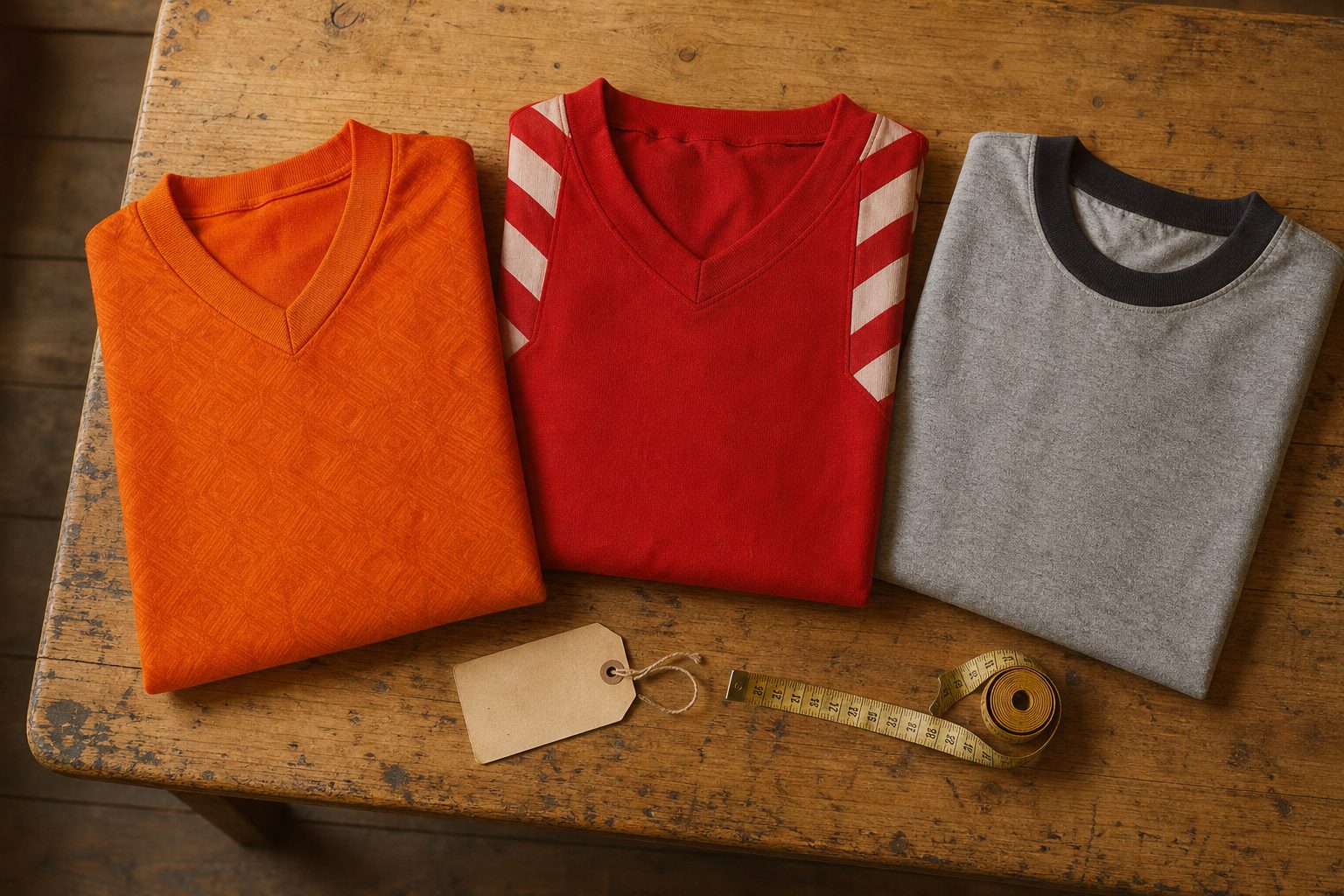 Three folded vintage football jerseys in orange, red and grey on a pine table (picture made with AI)