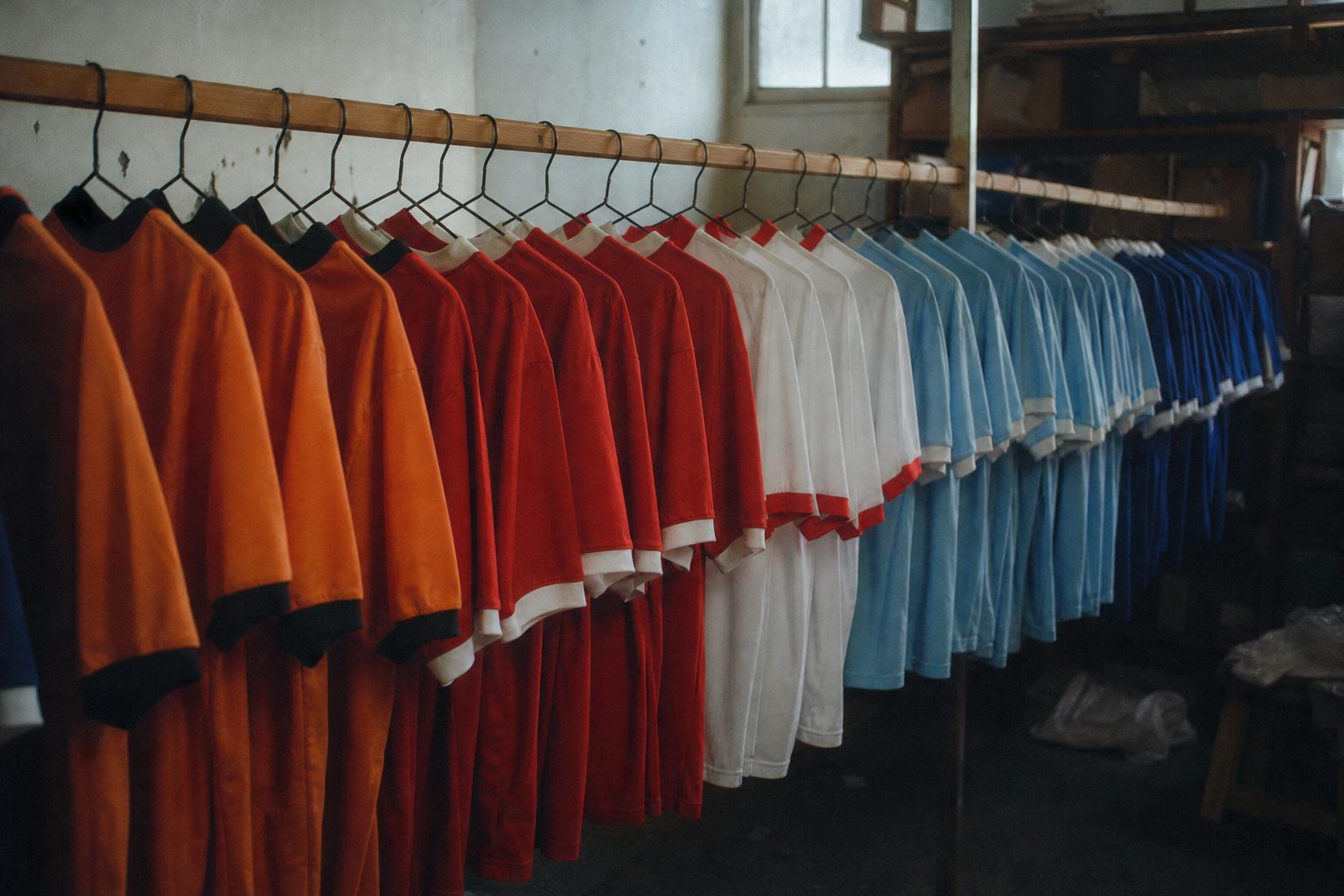 Rail of plain retro football shirts in orange, red, white and blue under window light (picture made with AI)