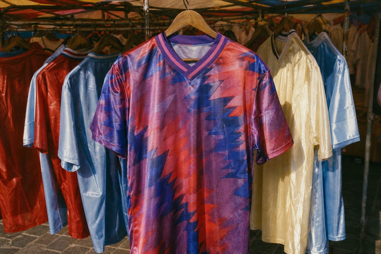 Zig-zag patterned football shirt on a hanger at a market stall (picture made with AI)