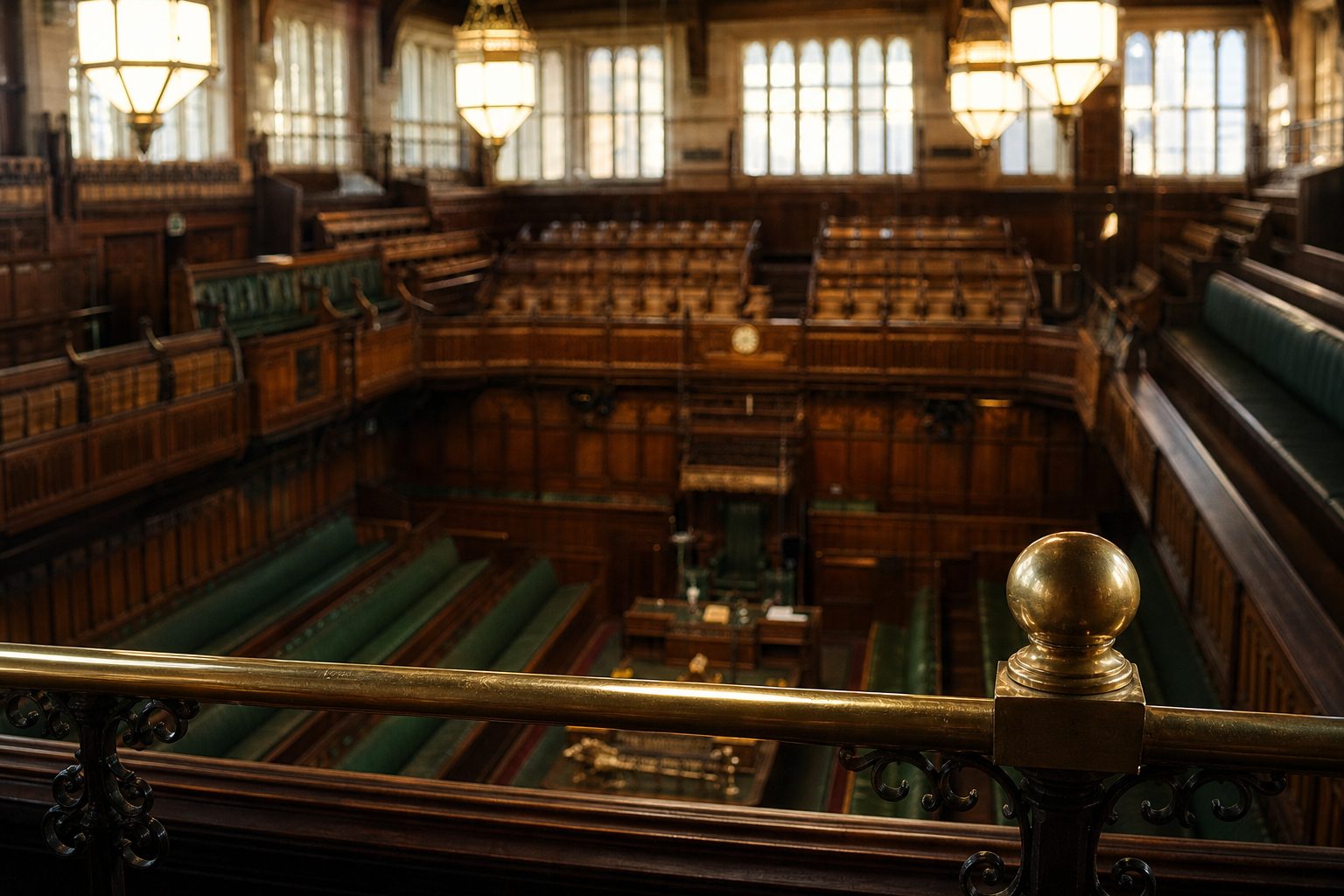 Green leather benches and wood panelling of a parliamentary chamber seen from the gallery (picture made with AI)